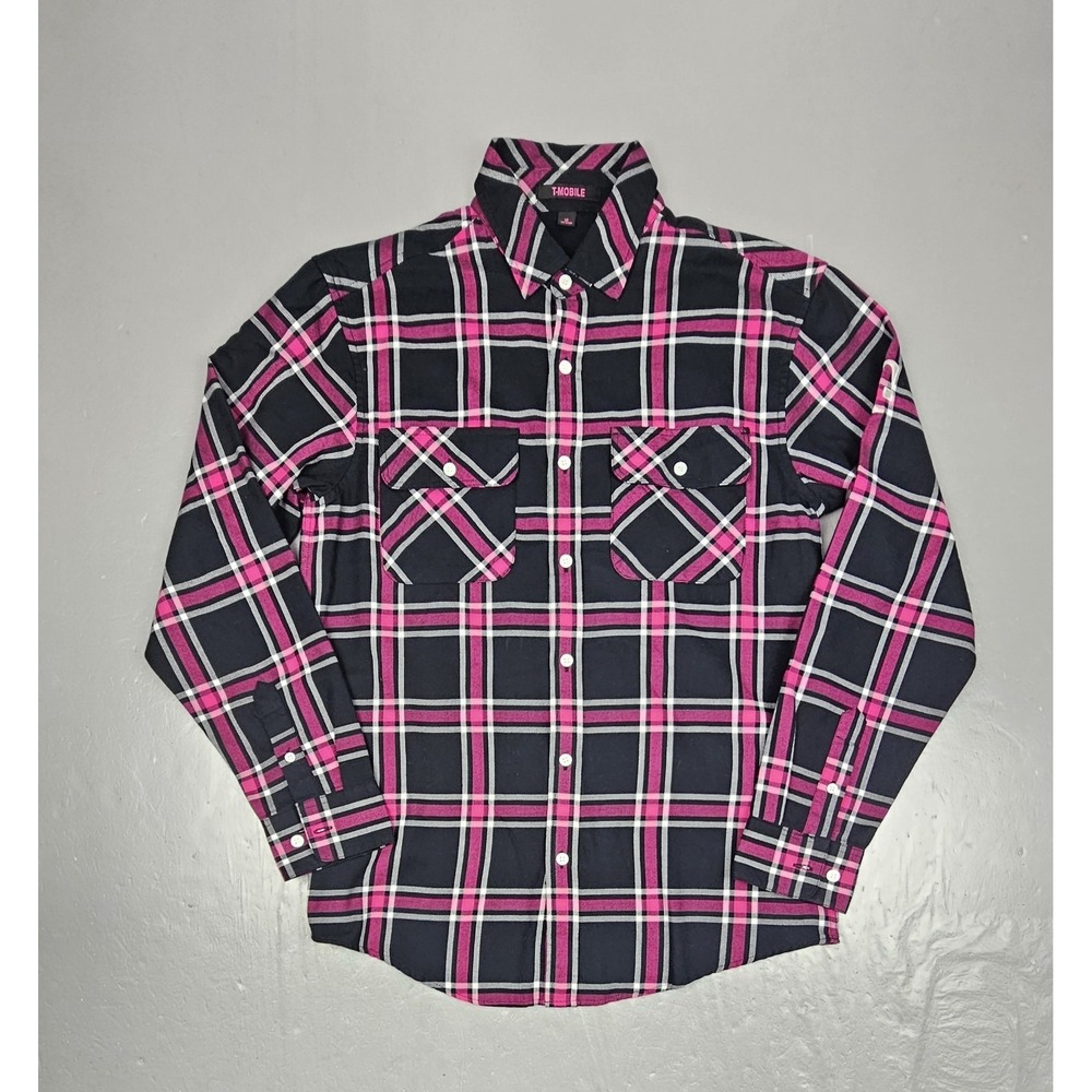T-Mobile Button Up Shirt Mens Medium Pink Black Plaid Flannel Longsleeve